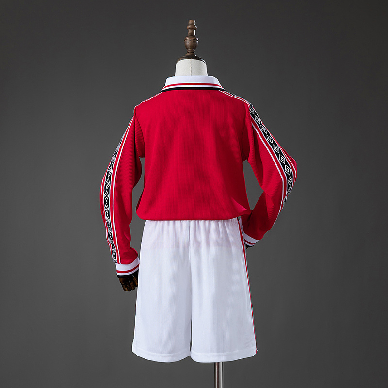 M-U Long M-U 98/99 Home Retro Long Sleeve Kids Kit Jersey SIZE 16-28 2