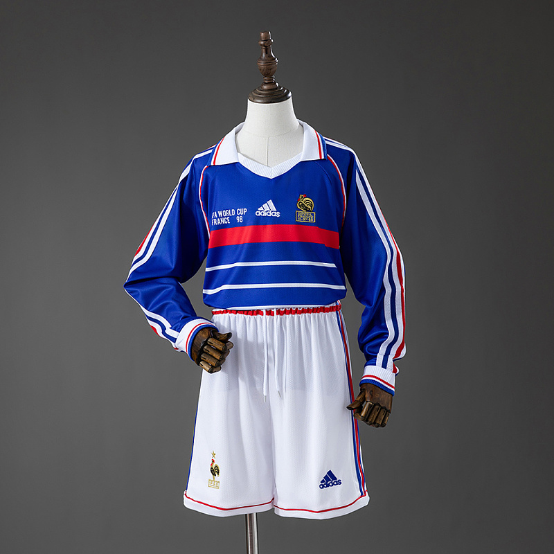 Francia France 1998 Home Retro Long Sleeve Kids Kit Jersey Size 16-28