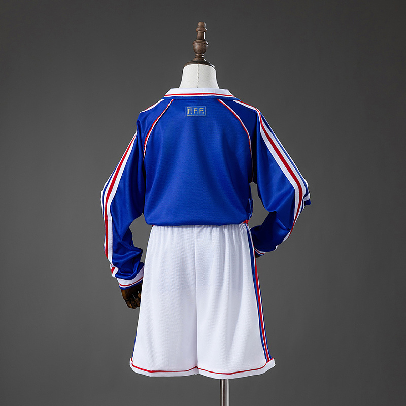 Francia France 1998 Home Retro Long Sleeve Kids Kit Jersey Size 16-28 2