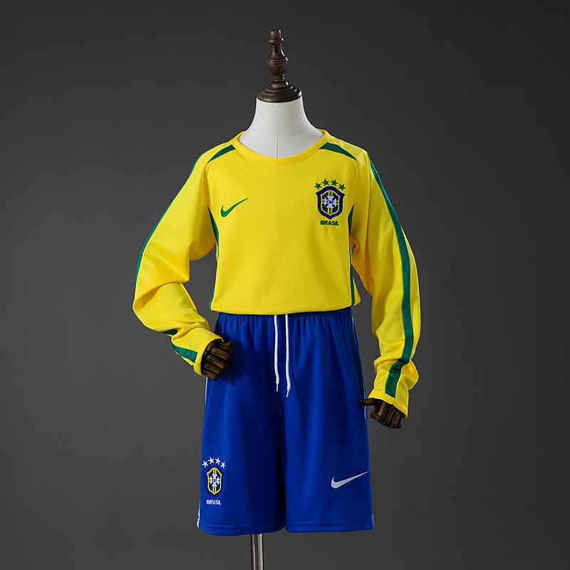 Brasile Brazil 2002 Home Retro Long Sleeve Kids Kit Jersey SIZE 16-28