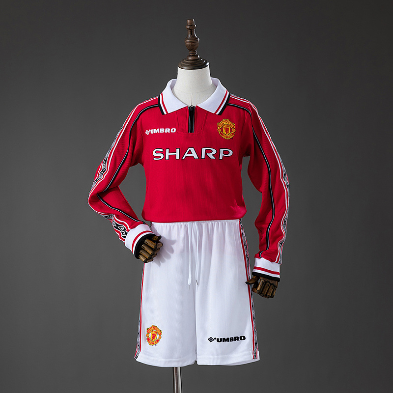M-U Long M-U 98/99 Home Retro Long Sleeve Kids Kit Jersey SIZE 16-28