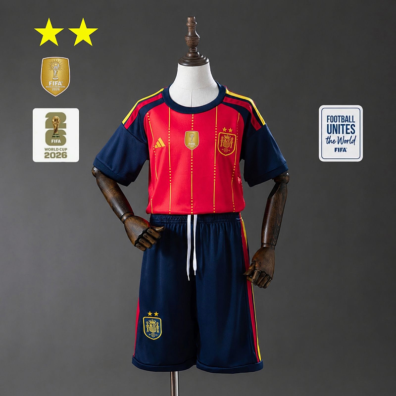 Spagna Spain 2026 Home 2-Star Champion Edition Kids Kit Jersey Size 16-28